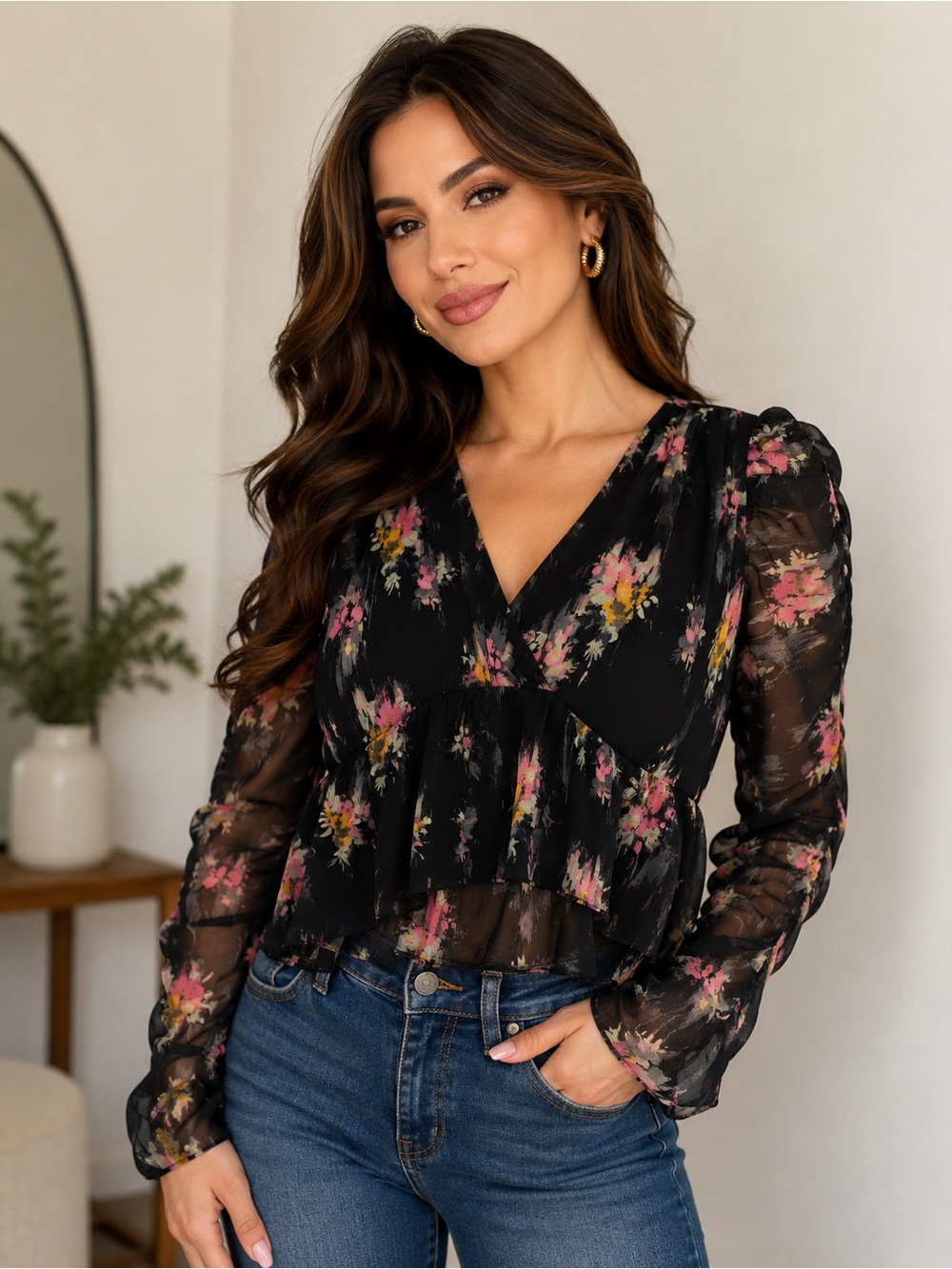 Steve Madden Black Sheer Floral V-Neck Ruffle Blouse